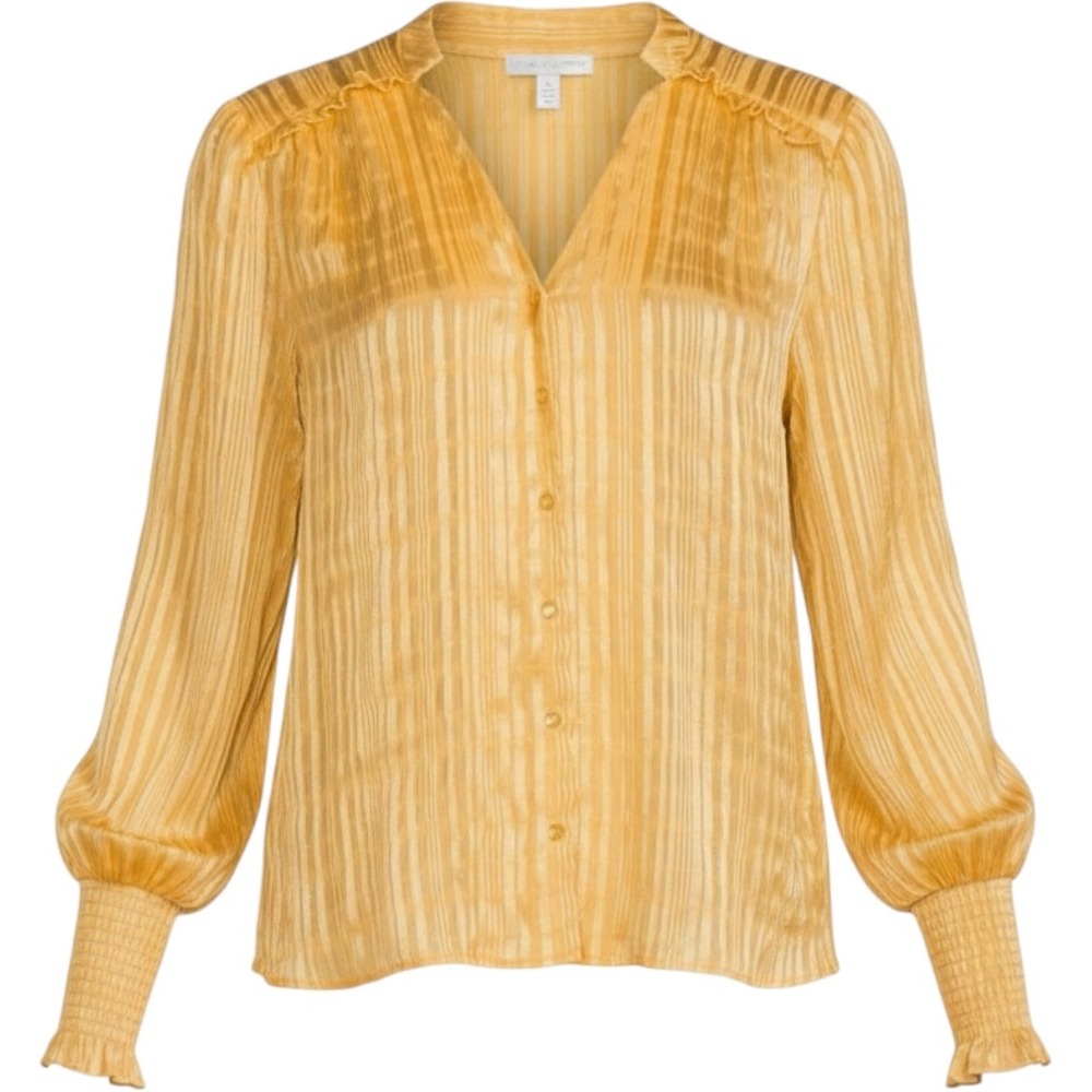 Nanette Lepore Yellow Metallic Stripe Long Sleeve Smocked Cuff Blouse Small
